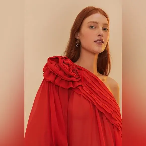 Farm Rio Red Rose Puff Sleeve One-Shoulder Blouse XL - Picture 5 of 10